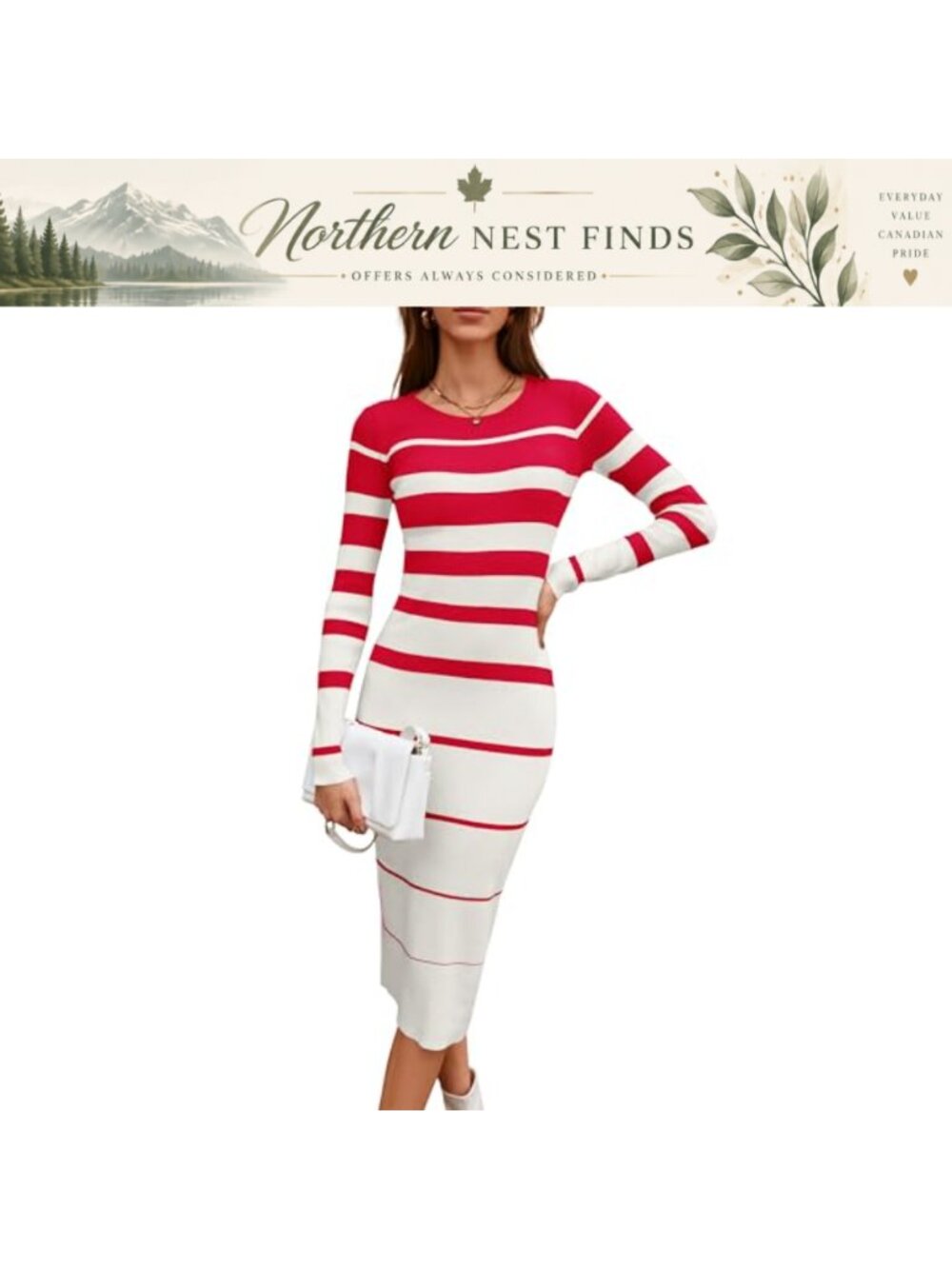 Women's Long Sleeve Ribbed Sweater Midi Dress Crew Neck Striped Bodycon Knit